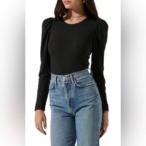 ASTR the Label Rib Multi Back Cutout Bodysuit Puff Long Sleeve Black Size Small